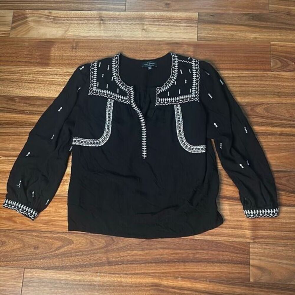 Lucky brand embroidered peasant top woman's flowy boho 3/4‎ sleeve casual shirt